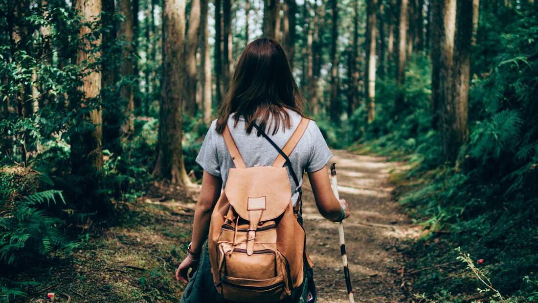 Frau im Wald am wandern.