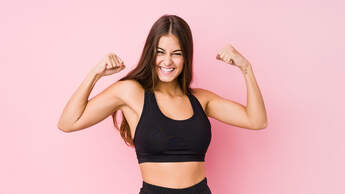 Young,Caucasian,Fitness,Woman,Doing,Sport,Isolated,Showing,Strength,Gesture