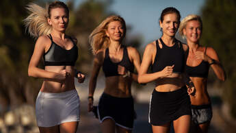 junge Frauen joggen lachend am Meer. 