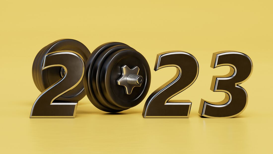 sale of gym memberships for 2023. the inscription 2023 with a barbell instead of 0 on a yellow background. 3D render